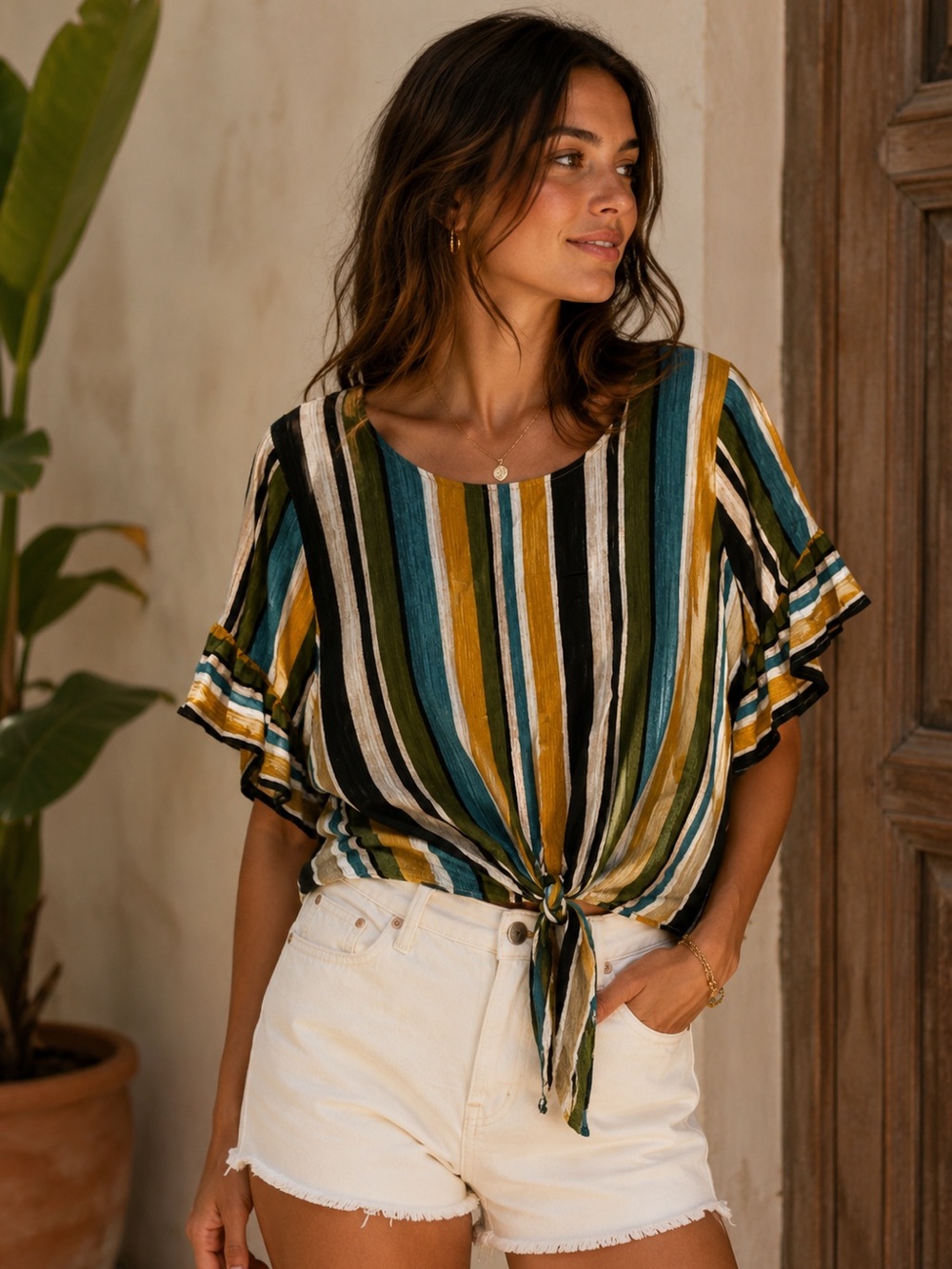 Striped Tie-Front Women’s Top - Mustard, Teal, Black, White